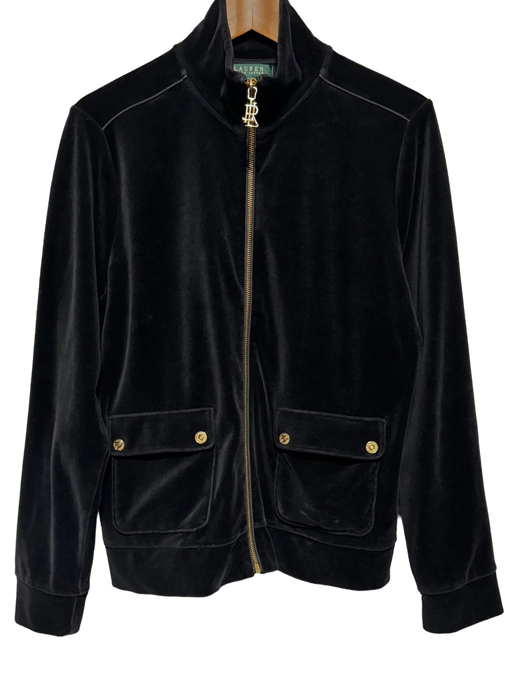 LAUREN RALPH LAUREN Black Velvet Velour Jacket Gold Hardware Preppy Y2K L